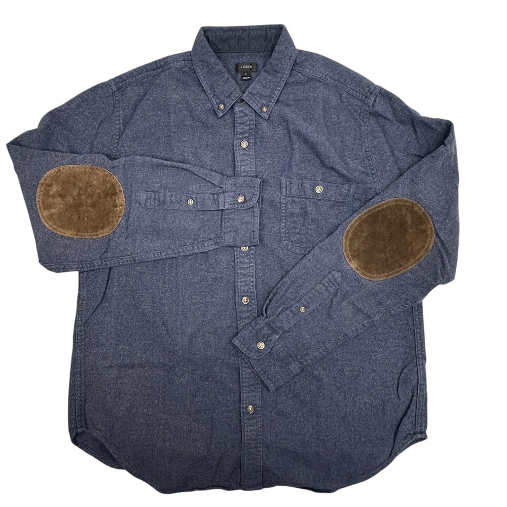 J Crew Shirt Mens Large Blue Flannel Suede Elbow Patch Button Up Casual